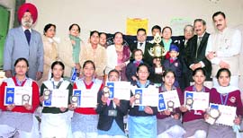 Winners of the inter-school declamation contest with their prizes at Everest Public Senior Secondary School in Ludhiana on Monday.