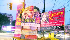 Illegal hoardings at Fountain Chowk in Ludhiana.