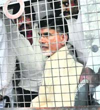 TDP president N Chandrababu Naidu after he was arrested during a protest against the Andhra Pradesh Government over farmers issues in Hyderabad on Monday