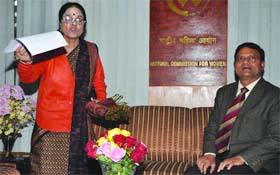 Delhi police commissioner Brijesh Kumar Gupta meets Girija Vyas, chairperson of the National Commission for Women, on the rise in crime against women at her office in New Delhi