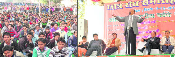 Students listen to a poet; and poet Surender Sharma regales the audience during union week celebrations of the DAV PG College in Dehradun on Tuesday. 