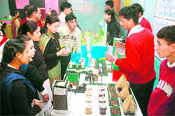 Students display models at a science exhibition at Government High School, Gandhi Nagar, Jammu,