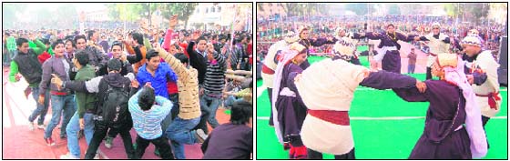 Students dance; and (right) Garhwali dance being performed at DAV PG College union week in Dehradun on Wednesday. 