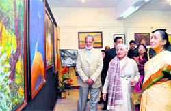 Governor Margaret Alva at an exhibition of paintings in Dehradun on Wednesday
