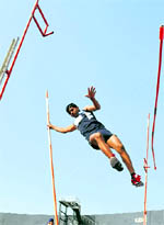 A pole vaulter in action on the final day of the 56th Punjab State Schools Athletics Meet held in Ludhiana on Wednesday