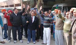 Doctors of the Civil Hospital and the Women and Childrens Hospital staging a protest at Civil Hospital in Bathinda on Thursday.