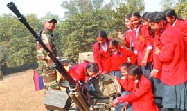 School students get to see Army equipment at the Army Mela in Kapurthala on Thursday.