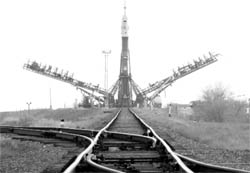 The Soyuz TMA-20 spacecraft set up on its launch pad at Baikonur cosmodrome on December 13, 2010