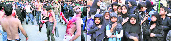 Shia Muslims perform matam; and (right) girls participate in a Moharram procession in Dehradun 