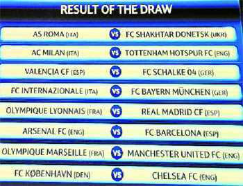 The results of the draw for round 16 of the 2010-2011 UEFA Champions League are pictured at the UEFA headquarters in Nyon on Friday