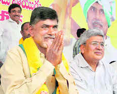 CPM general secretary Prakash Karat meets TDP chief Chandrababu Naidu in Hyderabad on Saturday. 