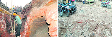 A view of the unearthed structure in the Lohgarh area in Amritsar on Friday and (right) the levelled site 
