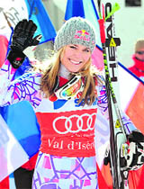 US Lindsey Vonn jubilates after winning the FIS World Cup Women's downhill in Val-D'Isere