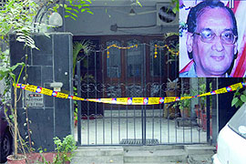 The house of Devender Kishore Joshi (inset) who was found dead at his residence at Vasant Kunj in New Delhi on Sunday. 