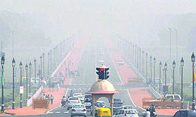 A thick blanket of fog covered the Rajpath in New Delhi on Sunday. Tribune photo