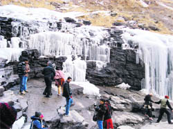 Icicles draw visitors attention at Rahani nullah, 45 km from Manali, on the Rohtang Pass road.
