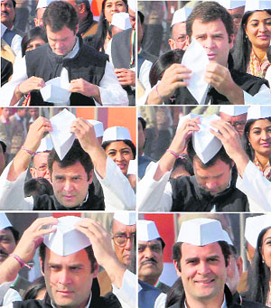 ALL CAPS: A combo picture shows Congress general secretary Rahul Gandhi wearing a cap.