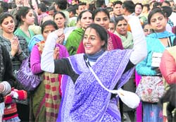 Devotees participate in the Lord Jagannath Rath Yatra in Ludhiana on Sunday. 