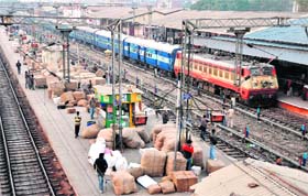 The hosiery season being at its peak, packages of woollen garments are taken for booking to various destinations in the country at railway station, Ludhiana, on Sunday.