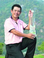 Winner Tetsuji Hiratsuka of Japan holding the trophy following the final day of the Black Mountain Masters golf tournament in Thailand on Sunday.