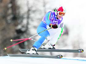 Daniela Merighetti of Italy takes a curve during the Super G run of the women's Alpine Skiing World Cup in Val d'Isere on Sunday. 