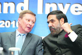Commerce and Industry Minister Anand Sharma with Russian Federation's Deputy Prime Minister Sergei Ivanov (L) at the India- Russia Forum on Trade and Investments in New Delhi on Monday.