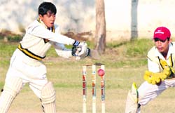 A player from BTS Cricket Academy hits a shot during the Haier Cup Cricket Tournament at GMSSS, Sector 19, Chandigarh on Monday.
