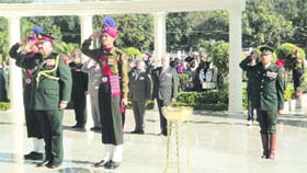 Lt Gen BS Jaswal, GOC-in-C, Northern Command, salutes at the war memorial of the IMA during the reunion of the 1970 batch in Dehradun on Monday.