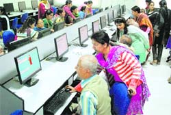 A computer literacy workshop for senior citizens in progress at DAV College for Girls, Yamunanagar.