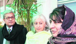 (From left) Interlocutors Dileep Padgaonkar and Radha Kumar and PDP president Mehbooba Mufti talk to mediapersons in Jammu on Monday. 
