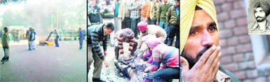 Ajit Singh captured on a mobile phone moments after he set himself afire in front of the mini secretariat; people cover his body with a blanket; and Varinder Singh, his son, is shell shocked after receiving the news of his fathers death outside the Civil Hospital in Ludhiana