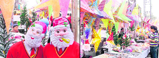 Students try Santa masks; and (right) markets wear a festive look kicking off Christmas festivities in Ludhiana.