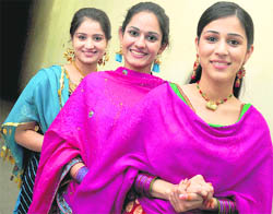 (From right to left) Arshdeep Gosal, Navreet Kaur and Harpreet Kaur strike a pose in Ludhiana 