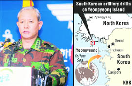 Colonel Lee Boong-Woo, spokesman of South Korean Joint Chiefs of Staff, at a briefing on the live-fire exercise being undertaken on Yeonpyeong island, in Seoul on Monday. 
