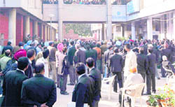 The scene outside the district courts, where lawyers were frisked following a sting operation by one of their colleagues, in Chandigarh 