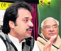 HJC chief Kuldeep Bishnoi addresses a press conference in Chandigarh on Tuesday.