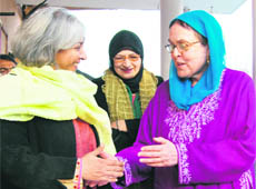 One of the interlocutors, Prof Radha Kumar, meets Begum Khalida Shah, chairperson of the Awami National Conference, in Srinagar on Tuesday.