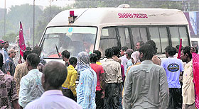 An ambulance caught in a traffic jam following a protest in Ludhiana recently. 
