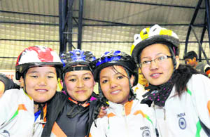 Ladakhi girls who bagged the top four positions in the junior 300m race in the Open Ice-Skating Championship in Dehradun on Thursday. 