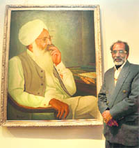 Artist Harimohan with one of his creations at Punjab Agricultural University, Ludhiana, on Wednesday
