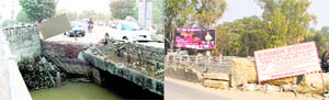 Railing missing along the portion of a bridge; and (right) bolders placed to fill the gap