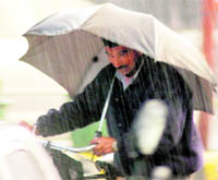 A cyclist braves heavy rain in Dehradun on Friday