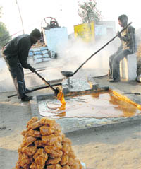 Labourers prepare jaggery on the Jalandhar-Nawanshahr road near Banga