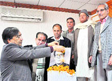 MY Tarigami, MLA, Kulgam, pays homage to the founder of the Kisan Tehreek and former legislator Abdul Kabir Wani at a function organised by the J&K Kisan Tehreek in Jammu on Friday
