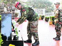 Lt-Gen BS Jaswal, GOC-in-Chief, Northern Command, lays a wreath at the Dhruva War Memorial on Friday as part of his ceremonial farewell on his retirement from the Army service
