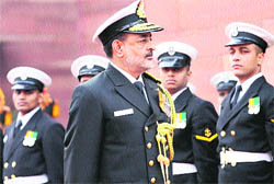 Vice-Admiral DK Joshi, who took over as the Chief of the Integrated Defence Staff, inspects a guard of honour at South Block in New Delhi on Friday