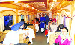 An inside view of the special Sikh pilgrimage train on its arrival at Amritsar railway station,