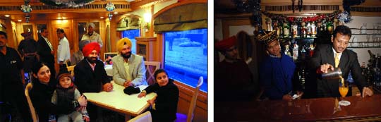 The visitors went to the Takht Shri Damdama Sahib in Talwandi Sabo near Bathinda to pay obeisance; A view of the bar inside the luxury train; DC Gurkirat Kirpal Singh and SSP SS Gill take a look at the interiors of the train.