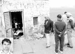 Police officials inspect the site at a liquor vend where Suresh Yadav (inset) was found dead at Harpalpur-Kuthakheri village near Rajpura on Saturday