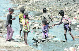 Slum children gather plastic bags from a drain in Dehradun on Saturday. 